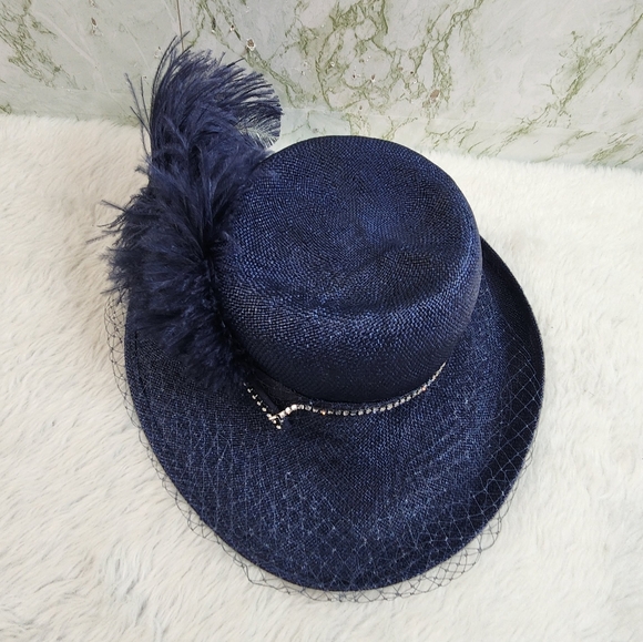 Ruth Alan Designs Navy Hat with Feathers and Rhinestones - Picture 11 of 12